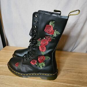 Dr. Martens Black Boots with Red Floral Embroidery